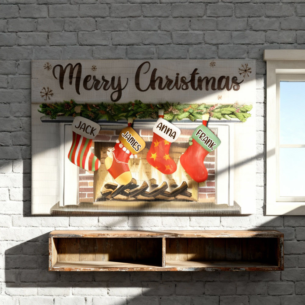Personalized Name Canvas Wall Art with Christmas Stockings Pattern Funny Gift for Family