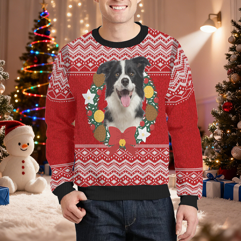 Personalized Ugly Sweater Unisex Custom Pet Head Photo Christmas Wreath Design Perfect Gift for Pet Lovers