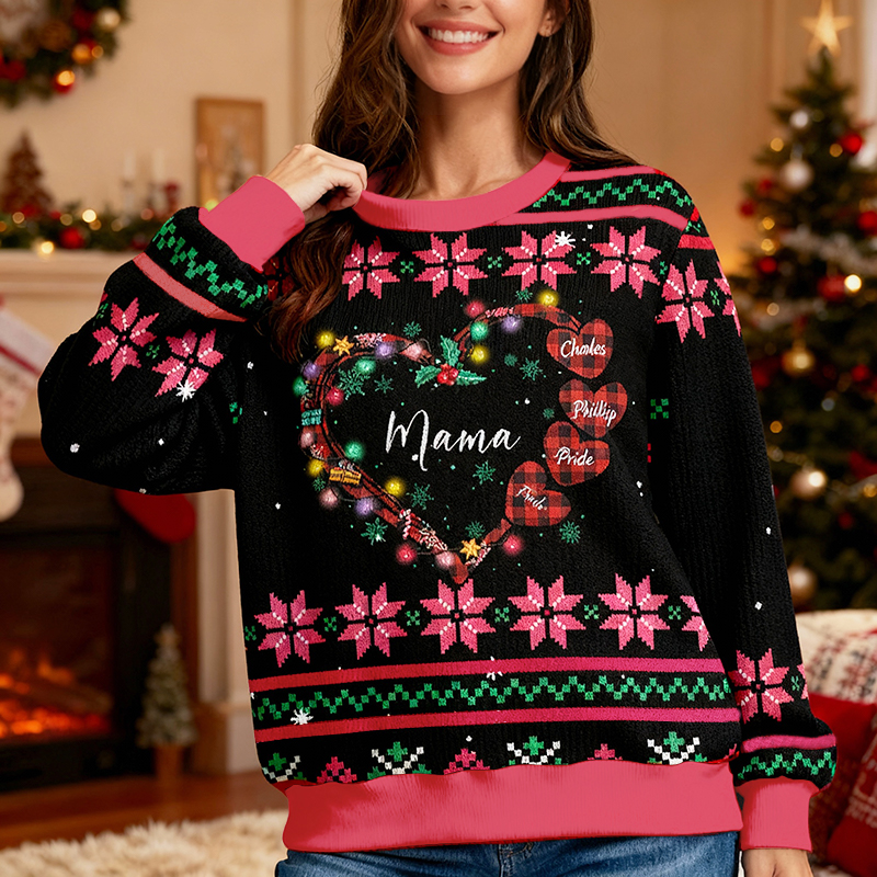 Suéter feo personalizado unisex con nombre para niños, diseño de corona de corazón, regalo de Navidad para mamá y familia