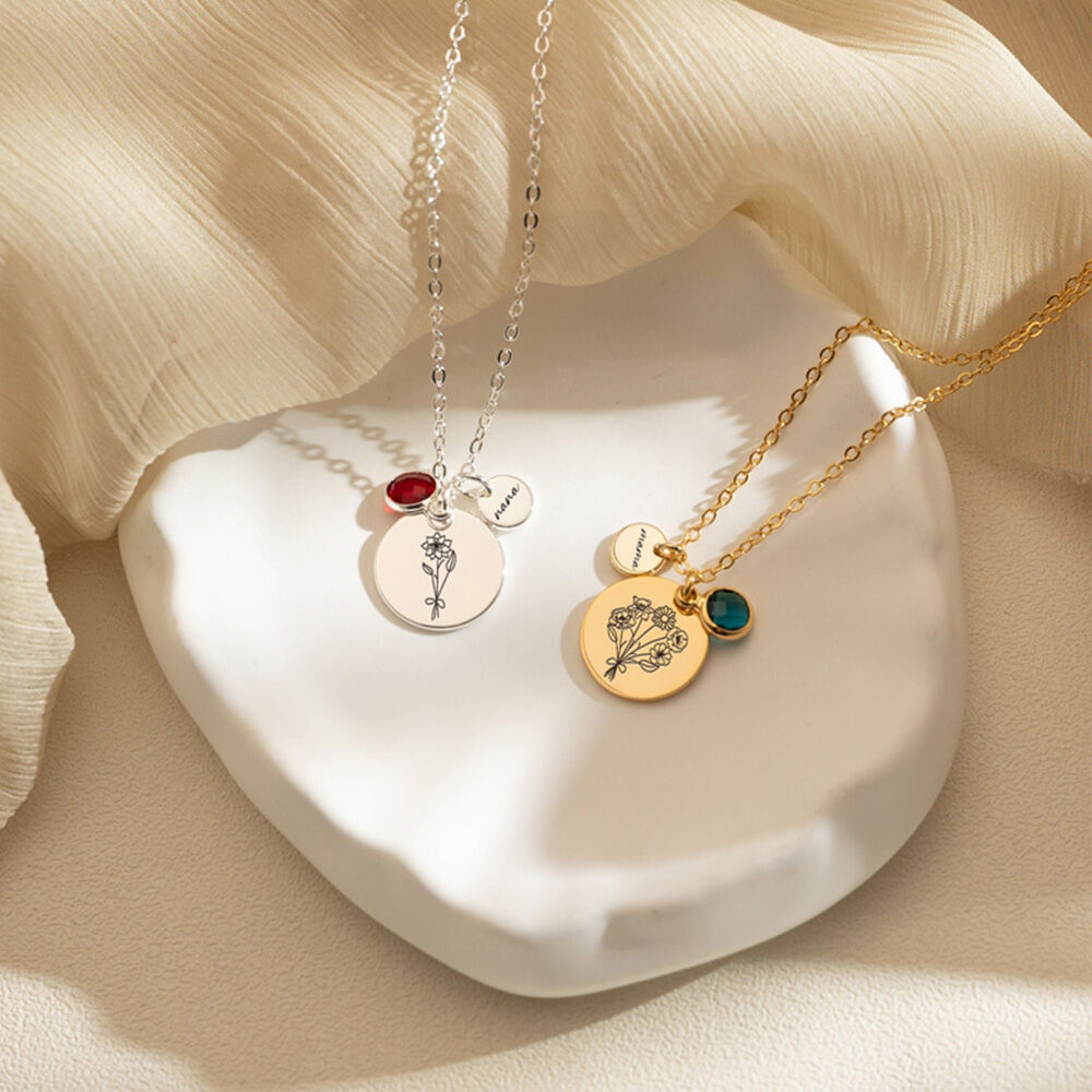 Personalized Family Birth Flower Bouquet Necklace Birthstone Jewelry Mothers Day Gift for Mom