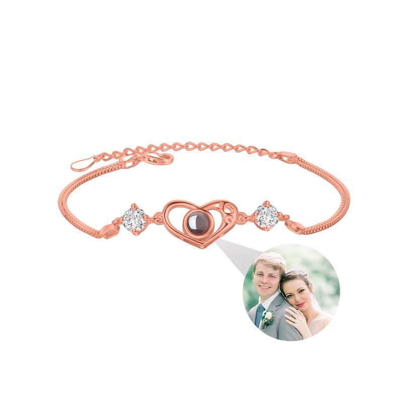 Sterling Silver Personalized Heart Photo Projection Bracelet with Diamonds for Couple