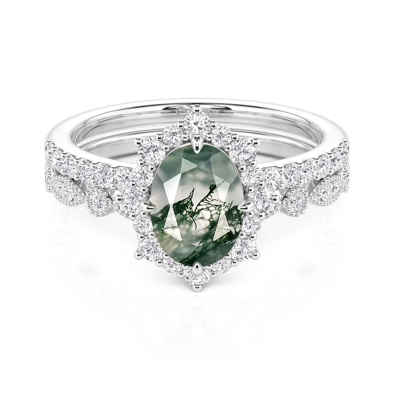 Jeulia Oval Cut Halo Moss Agate Ring Set in Sterling Silver