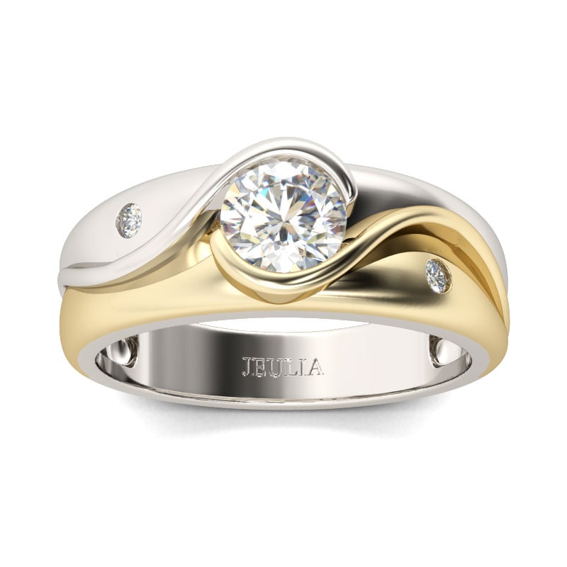 Yellow Gold Two Tone Scrollwork Engagement Rings in Round Cut Sterling Silver