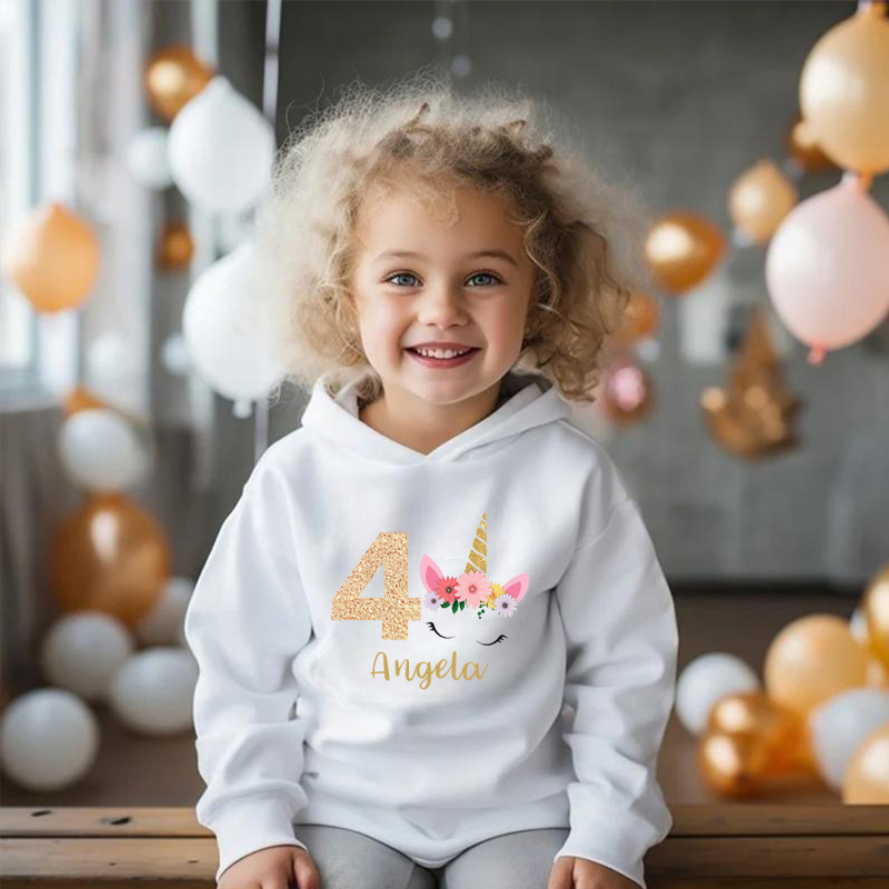 Sudadera con capucha personalizada para niños con nombre y edad personalizados y estampado de unicornio, bonito regalo para niñas