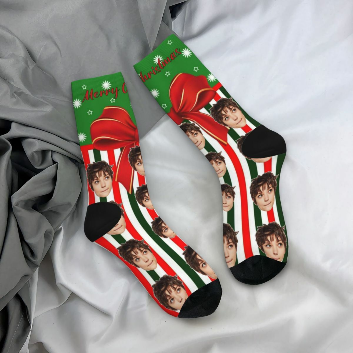 Personalized Face Socks with Christmas Gift Box Patterns Creative Socks for Husband