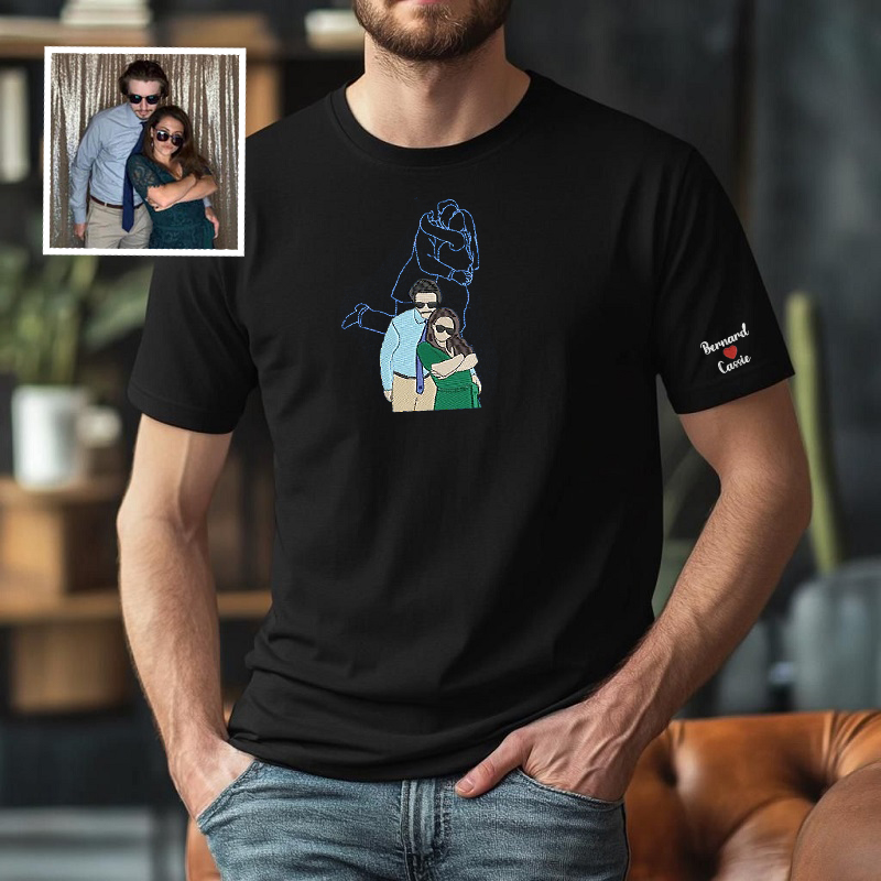 Personalized T-shirt Embroidered Custom Couple Photos Color and Outline Design Perfect Gift for Lovers