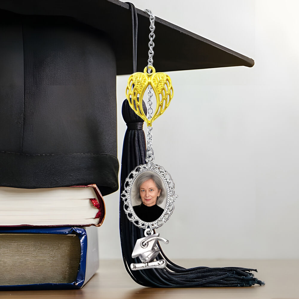 Personalized Angel Wings Heart Graduation Tassel Charm Add Photo Memorial Gift for Friends