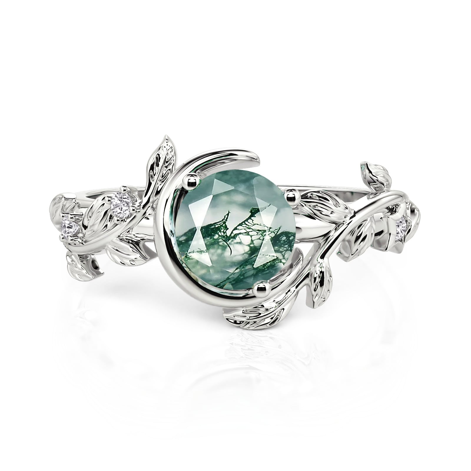 Jeulia Moon & Star Bypass Moss Agate Engagement Ring