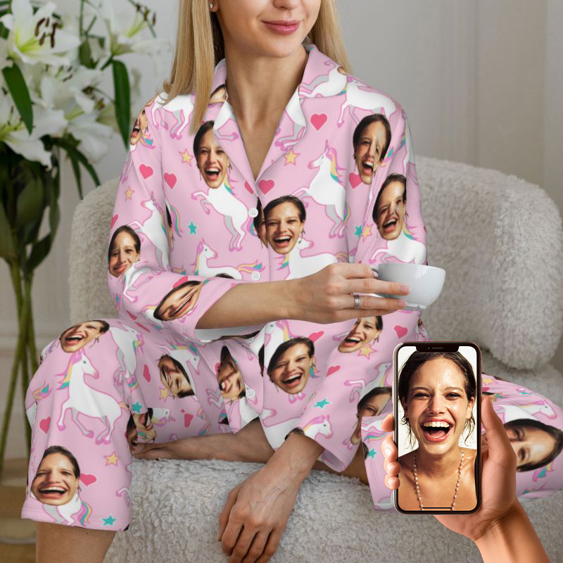 Personalized Pajamas Custom Photo Rainbow Unicorn Pink Pattern Design Adorable Gift for Her