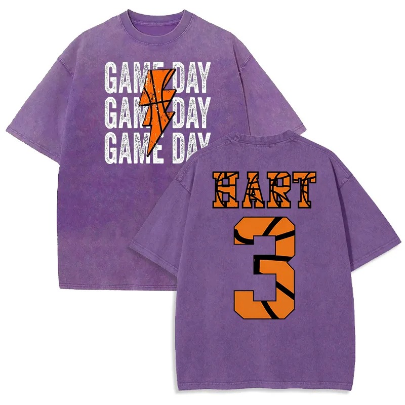 Personalized Washed T-shirt Game Day Custom Basketball Elements Font Design Gift for Sports Lovers