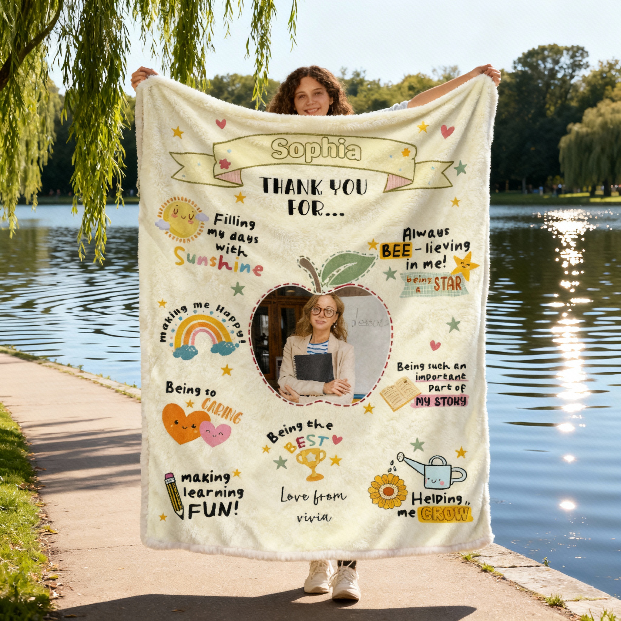 Personalized Picture Blanket with Sun Pattern Cute Gift for Teacher