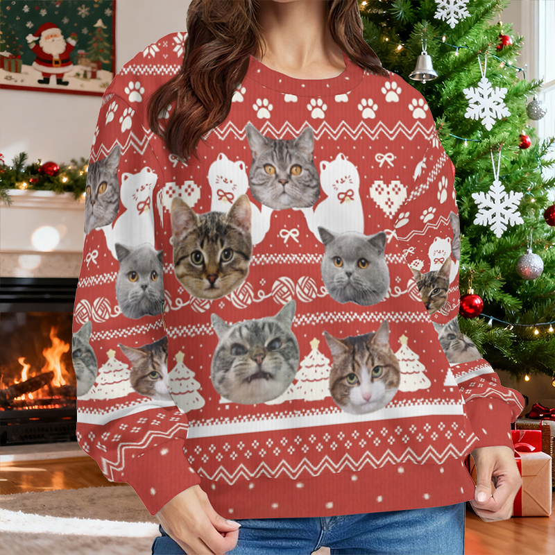 Pull moche personnalisé unisexe avec photo de tête de chat adorable cadeau de Noël pour les amoureux des animaux