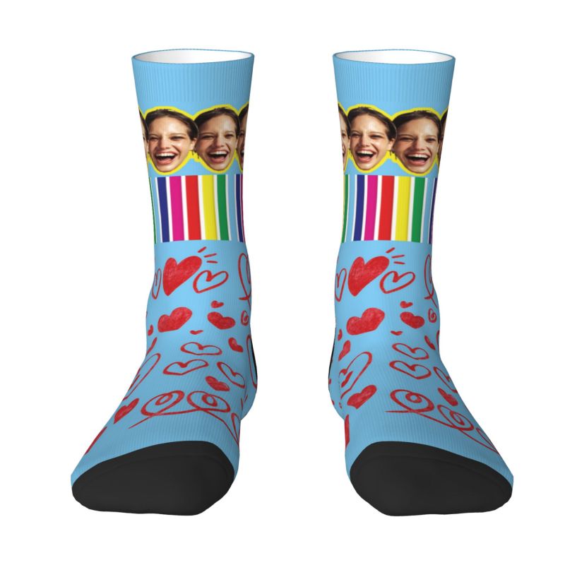 Customized Face Socks with Love Hearts and Rainbow Stripes for Couples