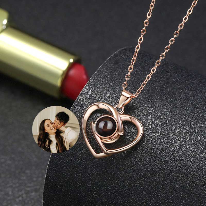 Sterling Silver Personalized Photo Projection Staggered Hearts Necklace Gift