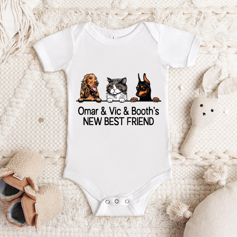 Mono de bebé personalizado Nuevo mejor amigo Mascotas opcionales Atractivo regalo de baby shower para amantes de las mascotas