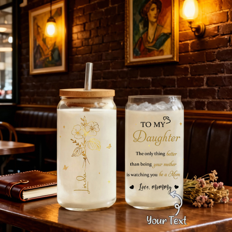 Personalized Name Glass Cup with Lid And Straw And Custom Birthflower Beautiful Present for Daughter