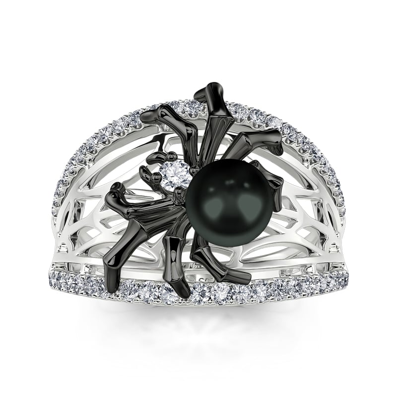 Black Spider Peal Rings in Sterling Silver Handmade Jewelry with Diamond White Stone