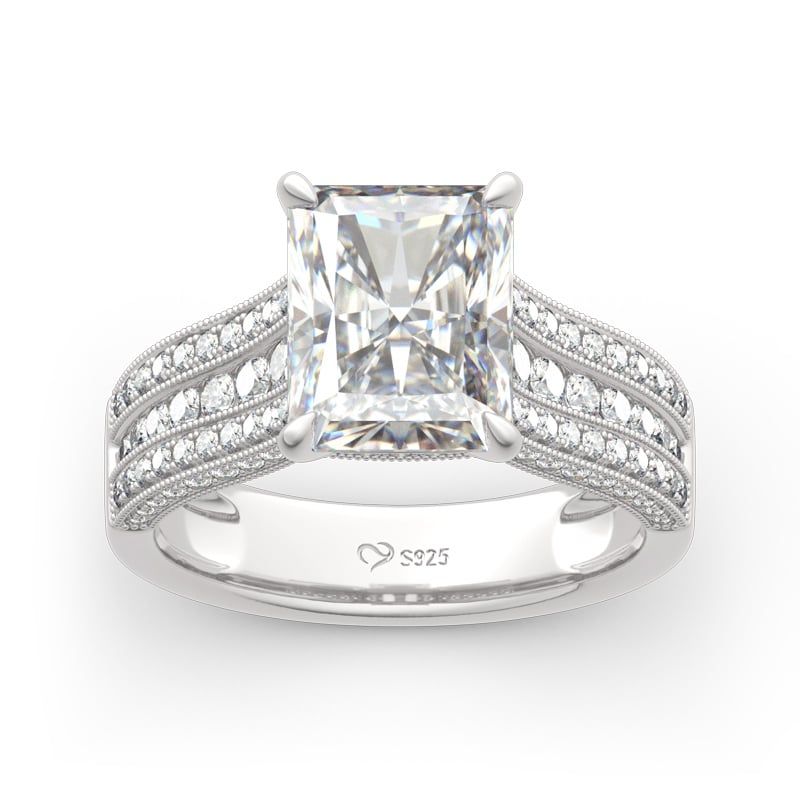 Radiant Cut Engagement Ring Sterling Silver 5.2ct with Rows Paved of Stones on the Shank