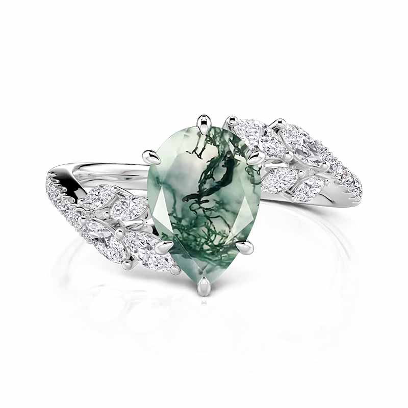 Jeulia Olivetta Bypass Moss Agate Engagement Ring Pear Cut