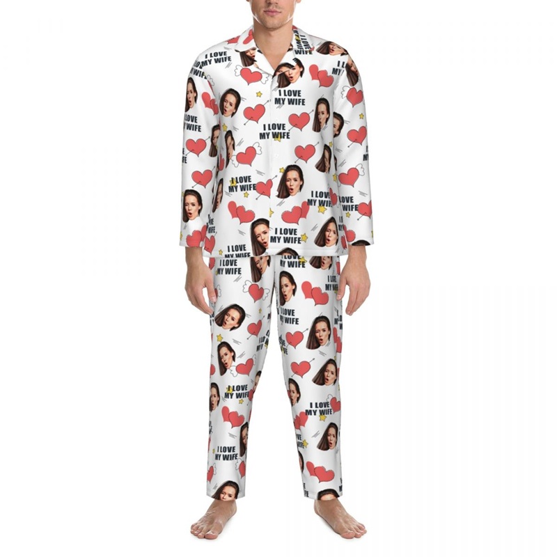 Personalized Pajamas Custom Face Photo I Love You Cute Hearts Design Perfect Gift for Couples