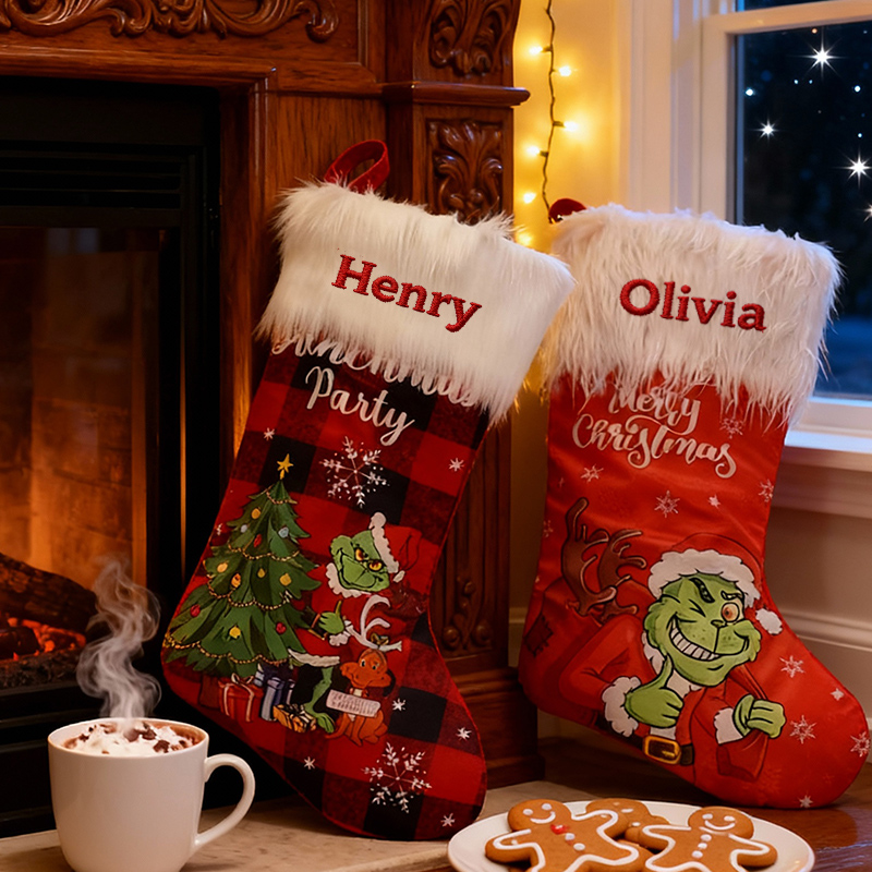 Personalized Green Monster-Patterned Christmas Stockings with Embroidered Names Gifts for Family