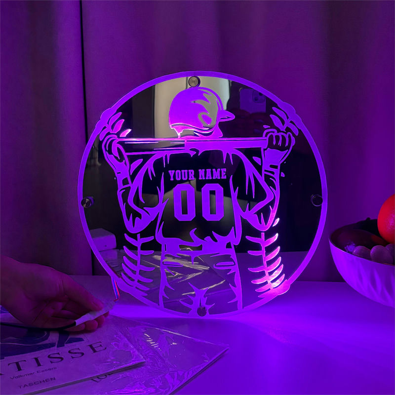 カスタマイズ 名入れ LED ミラー 発光 ライト ユニフォーム 野球 背番号 壁掛け 12色変化 屋内装飾 リモコン付き 壁フック付き