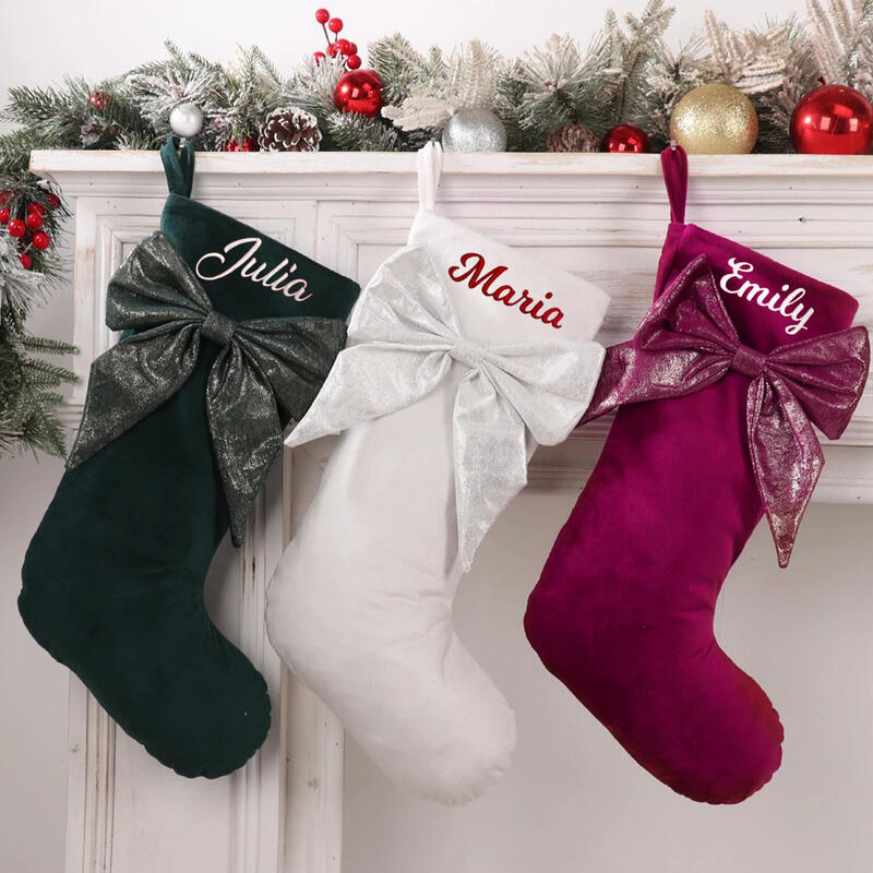 Personalized Christmas Socks with Embroidered Name and Bow Gift for Family