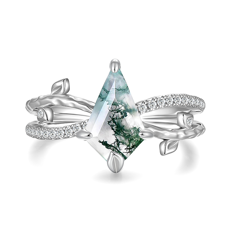 Jeulia Kite Cut Moss Agate Engagement Ring with Leaf Band