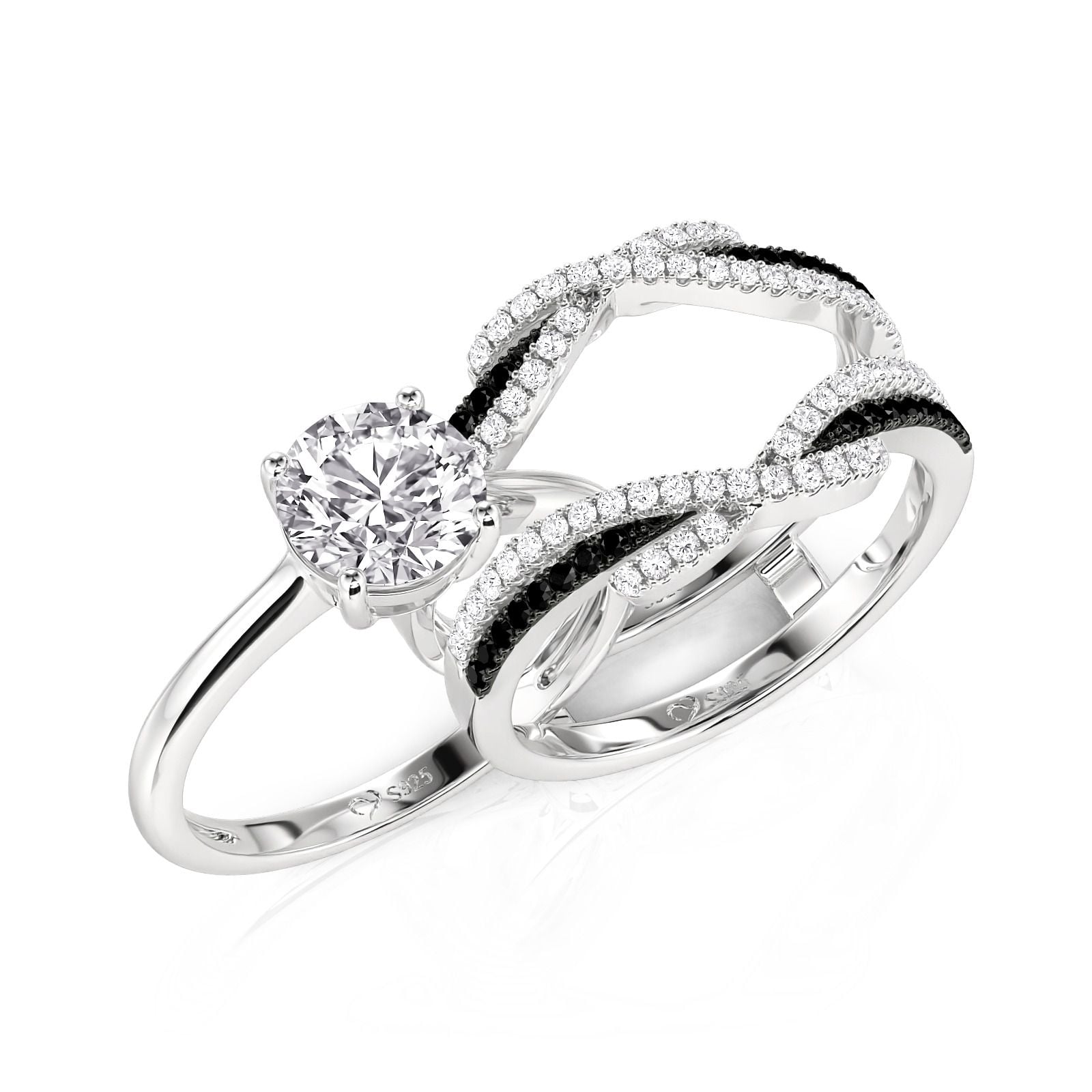 Jeulia Intertwined Black and White Round Engagement Ring Set