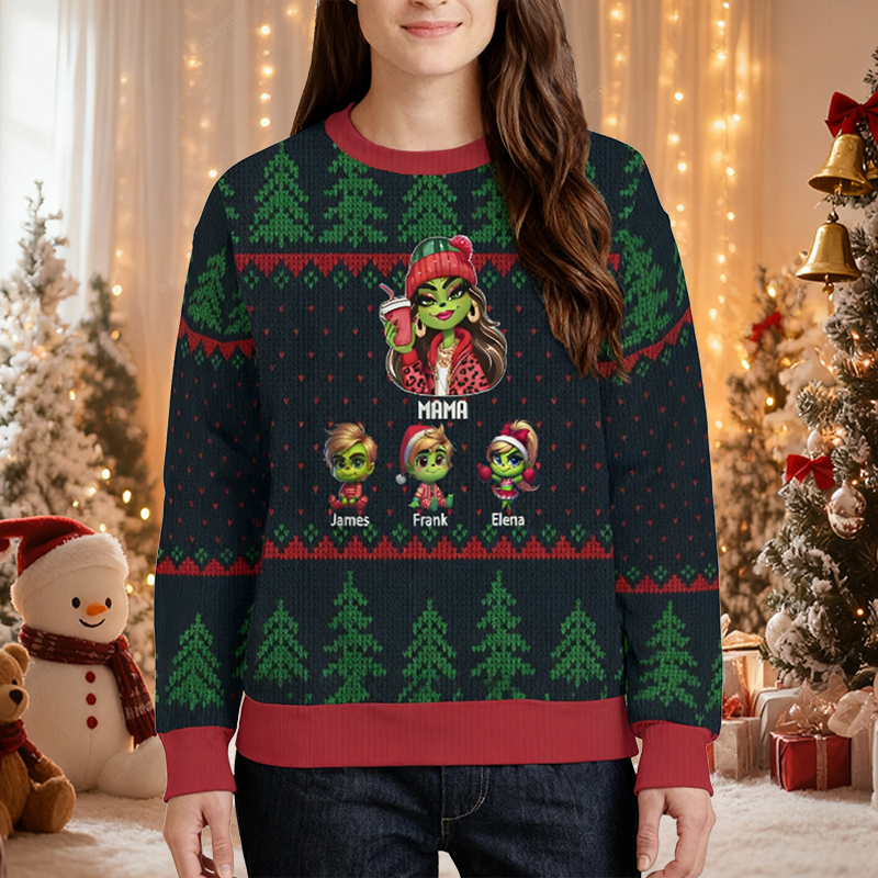 Personalisierter hässliche Weihnachtspullover Unisex Individuelles Mama Grinchund Kinder-Design Attraktives Weihnachtsgeschenk für die Mutter