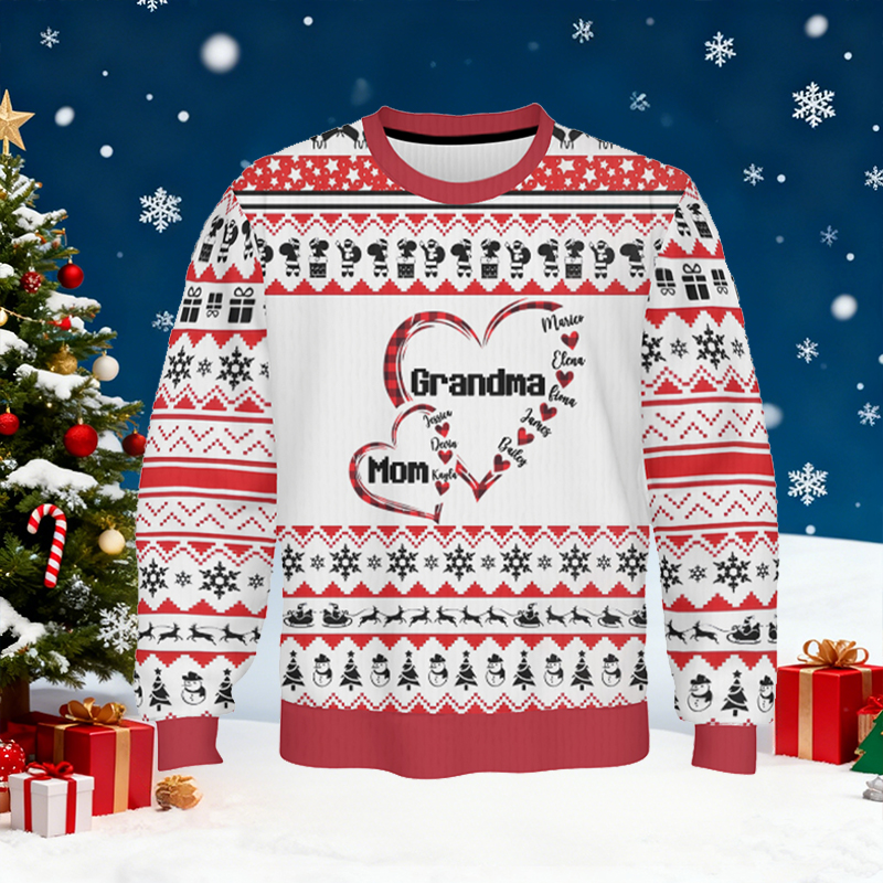 Personalized Ugly Sweater Unisex Custom Kids Name Heart Design Perfect Christmas Gift for Mom and Grandma