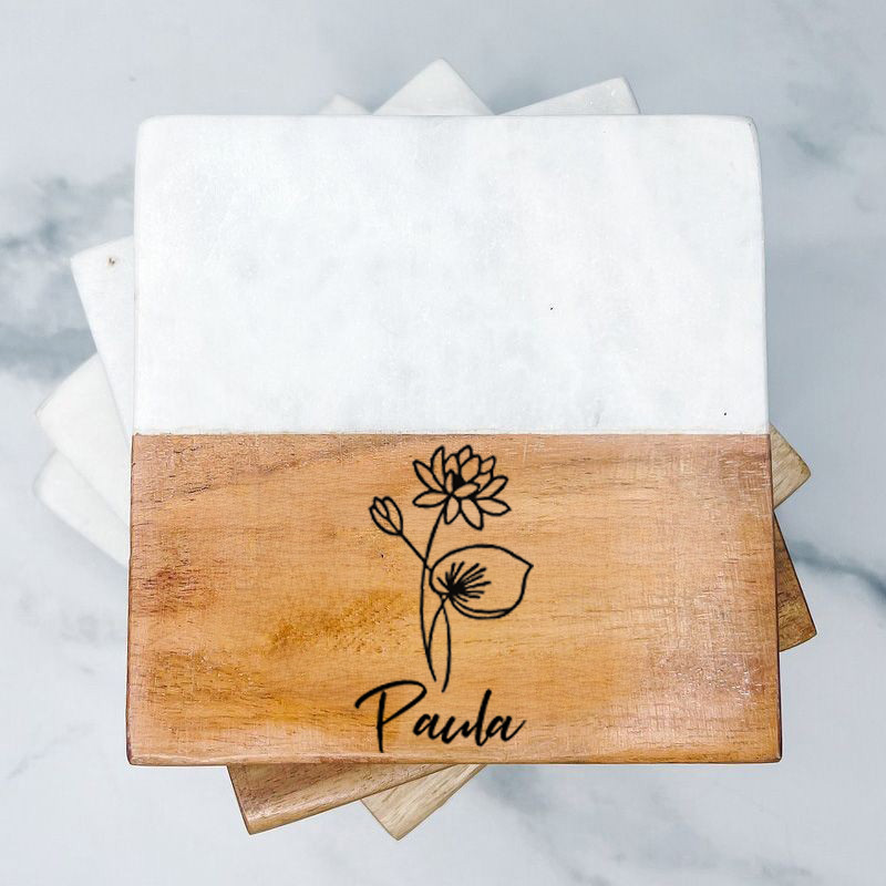 Personalized Square Coaster with Custom Birth Flower Marble Splicing Design Great Gift for Her