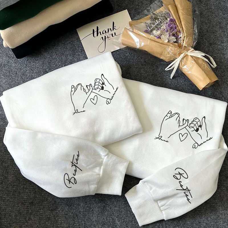 Personalized Sweatshirt Embroidered Pinky Promise Pattern with Custom Name Unique Gift for Besties
