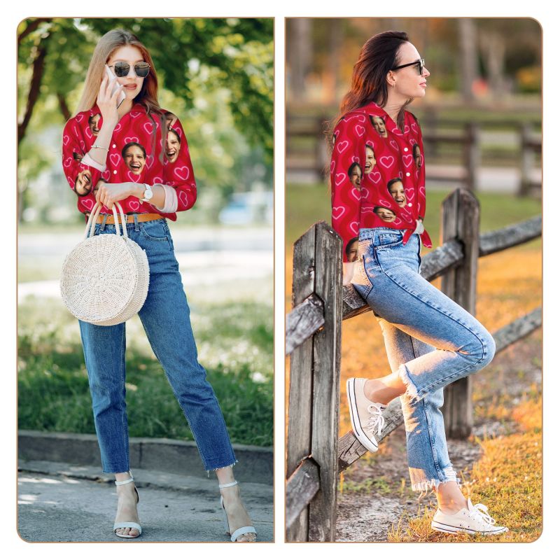 Personalized Pajamas Custom Photo Red Shining Love Heart Pattern Design Attractive Gift for Her