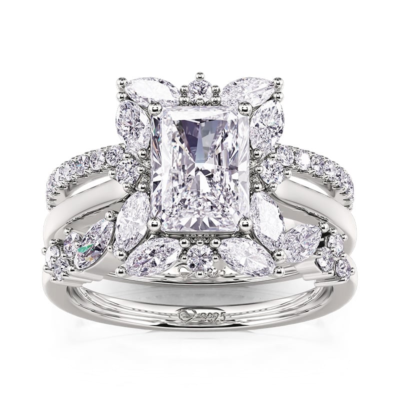 Jeulia Floral Halo Engagement Ring Set 3PC Radiant Cut Sterling Silver