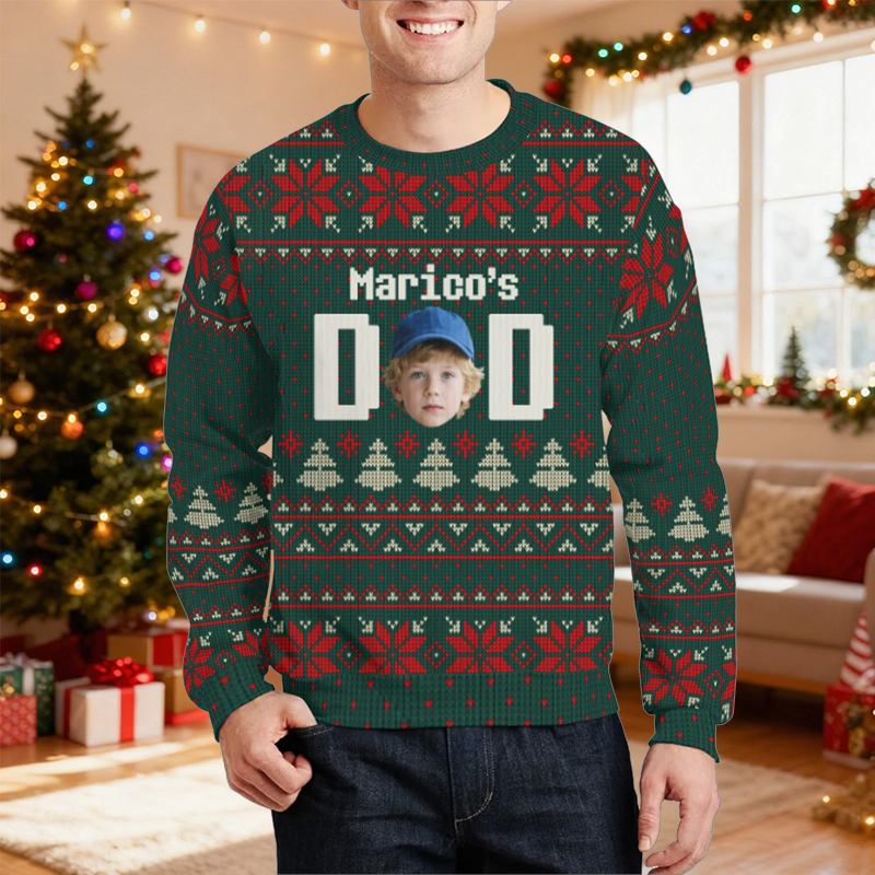 Personlig ful tröja unisex med anpassat huvudfoto och festivalmönster Design Julklapp till pappa Familj