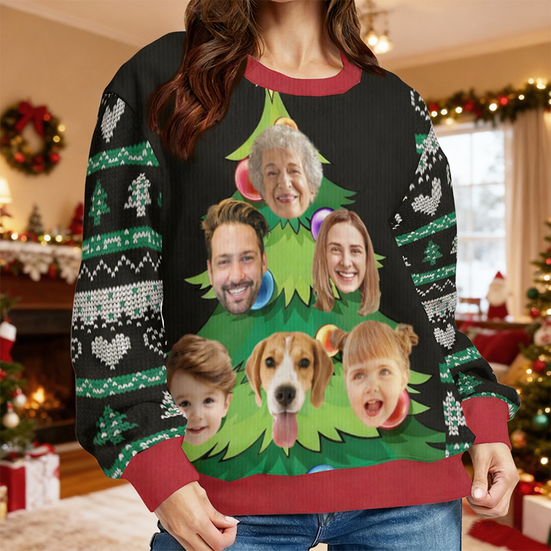Personalized Ugly Sweater Unisex Custom Face Photo Christmas Tree Creative Design Gift for Family