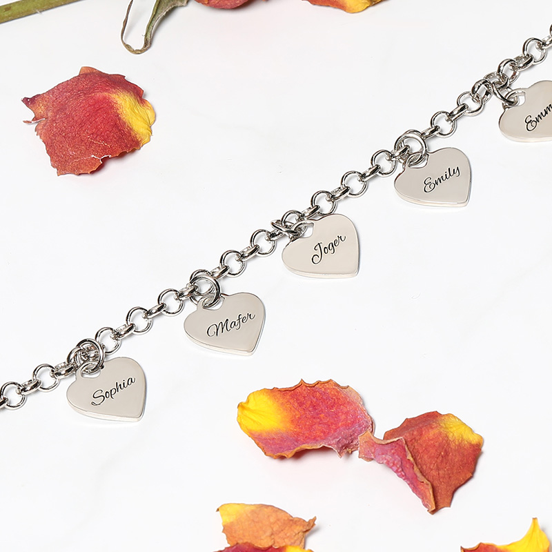 "All My Heart Belongs To You" Engraved Bracelet With Six Heart Names