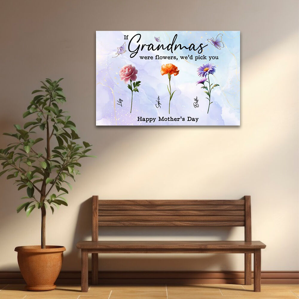 Personalized Name Canvas Wall Art with Custom Birthflower And Butterflies Pattern Beautiful Gift for Mother