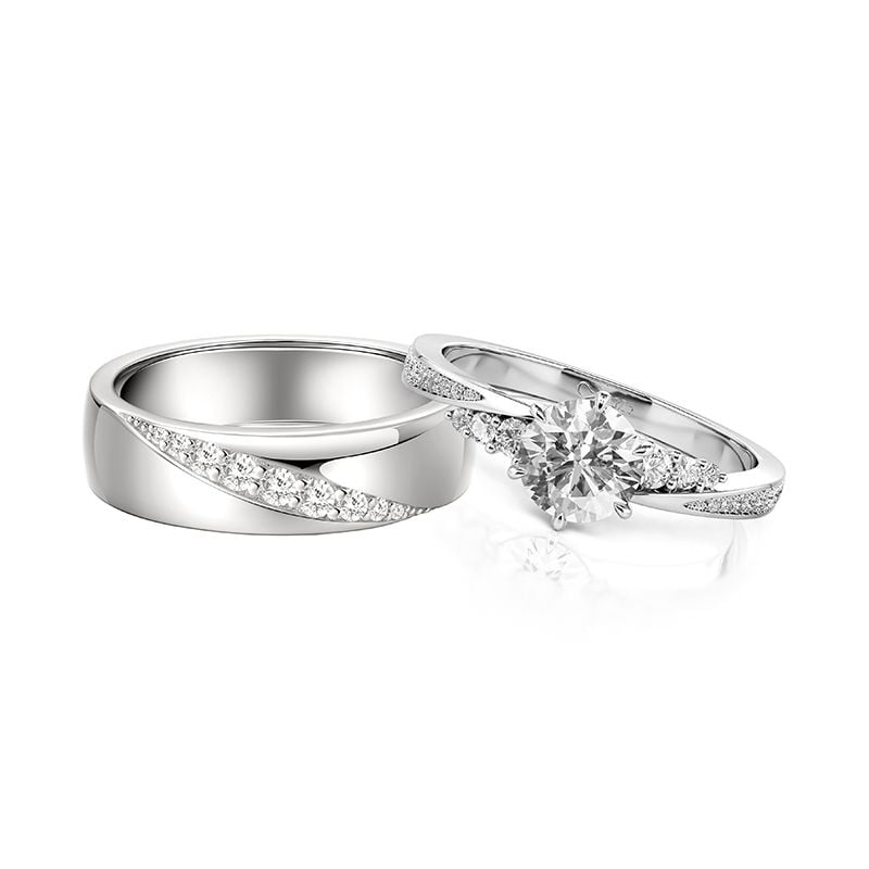 Jeulia Classic Diagonal Twist Couple Rings Set Sterling Silver