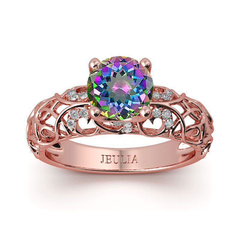 Round Cut Rose Gold 925 Sterling Silver Wedding Rings in Rainbow Stone