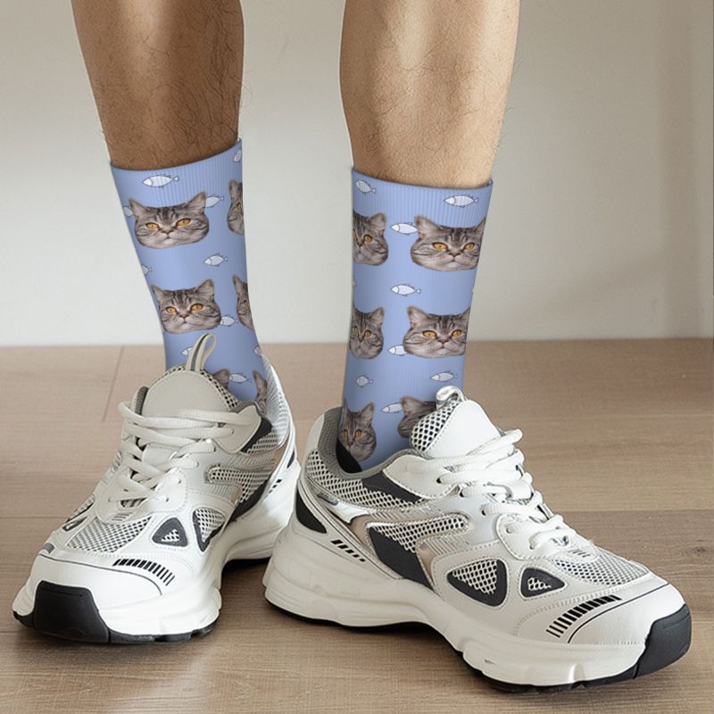 "Cat Eats Little Fish" Customized Face Socks Can Add Photos