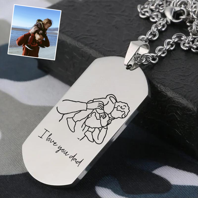 Personalized Dog Tag Necklace Custom Sketch Photo Father's Day Gift
