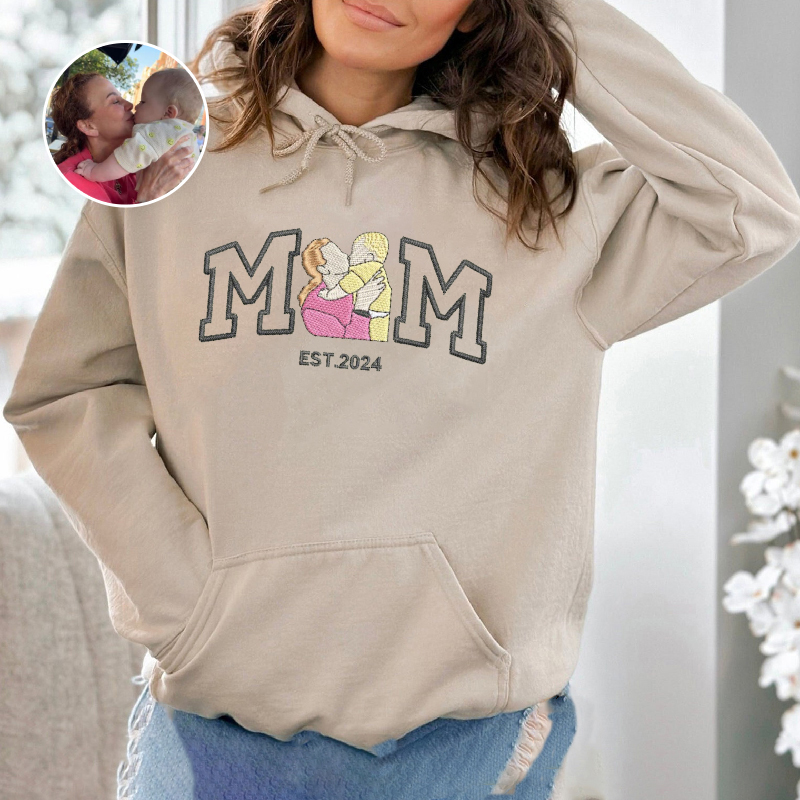 Personalized Hoodie Embroidered Custom Family Photo with Your Message Design Perfect Mother's Day Gift