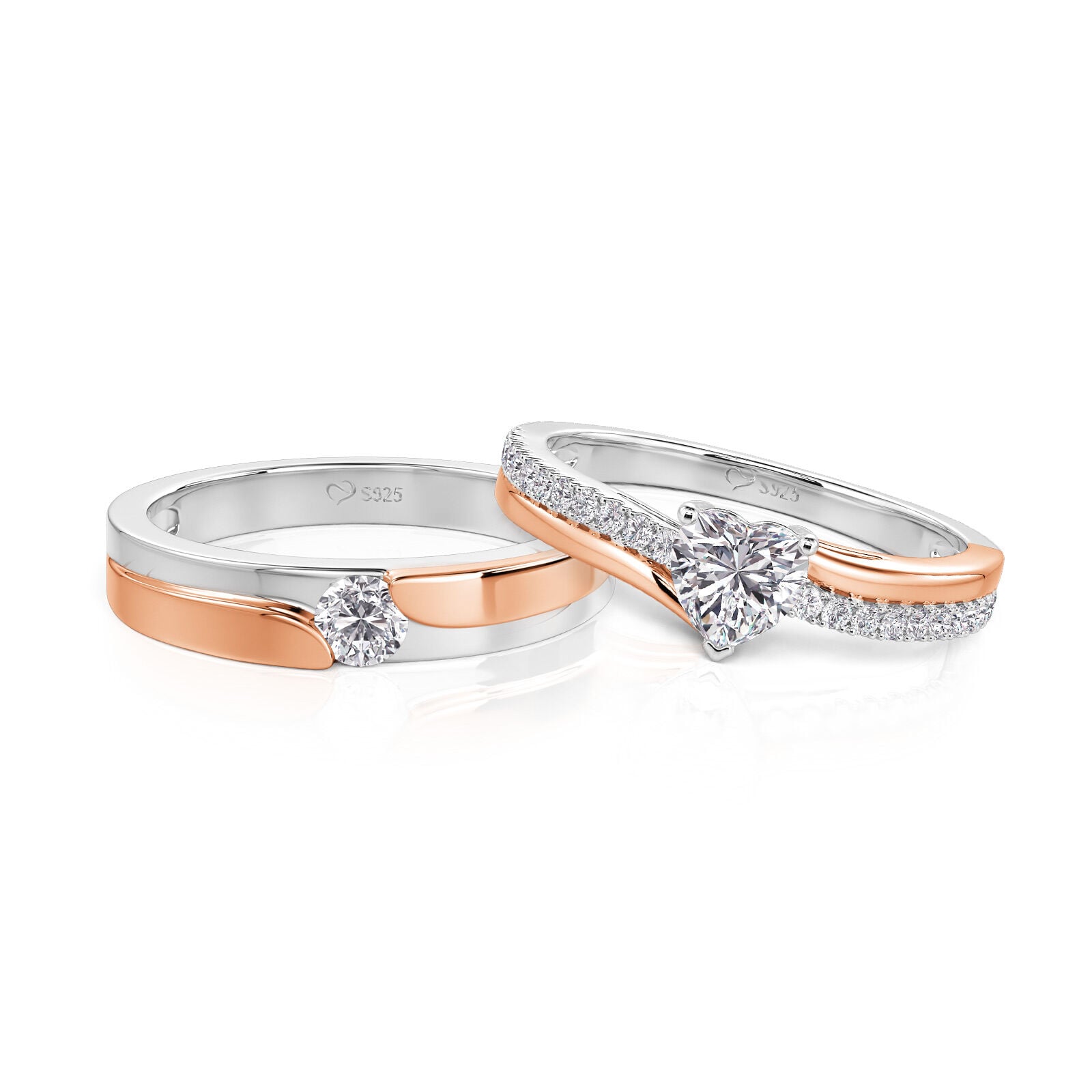 Jeulia Amore Curved Two Tone Couple Rings Sterling Silver