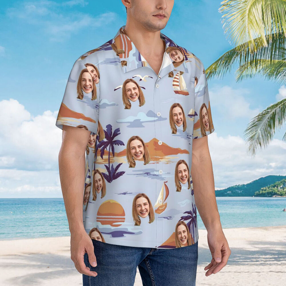 Personalized Hawaiian Shirt with Sea Sailing Print Custom Photo Vacation Gift for Couples