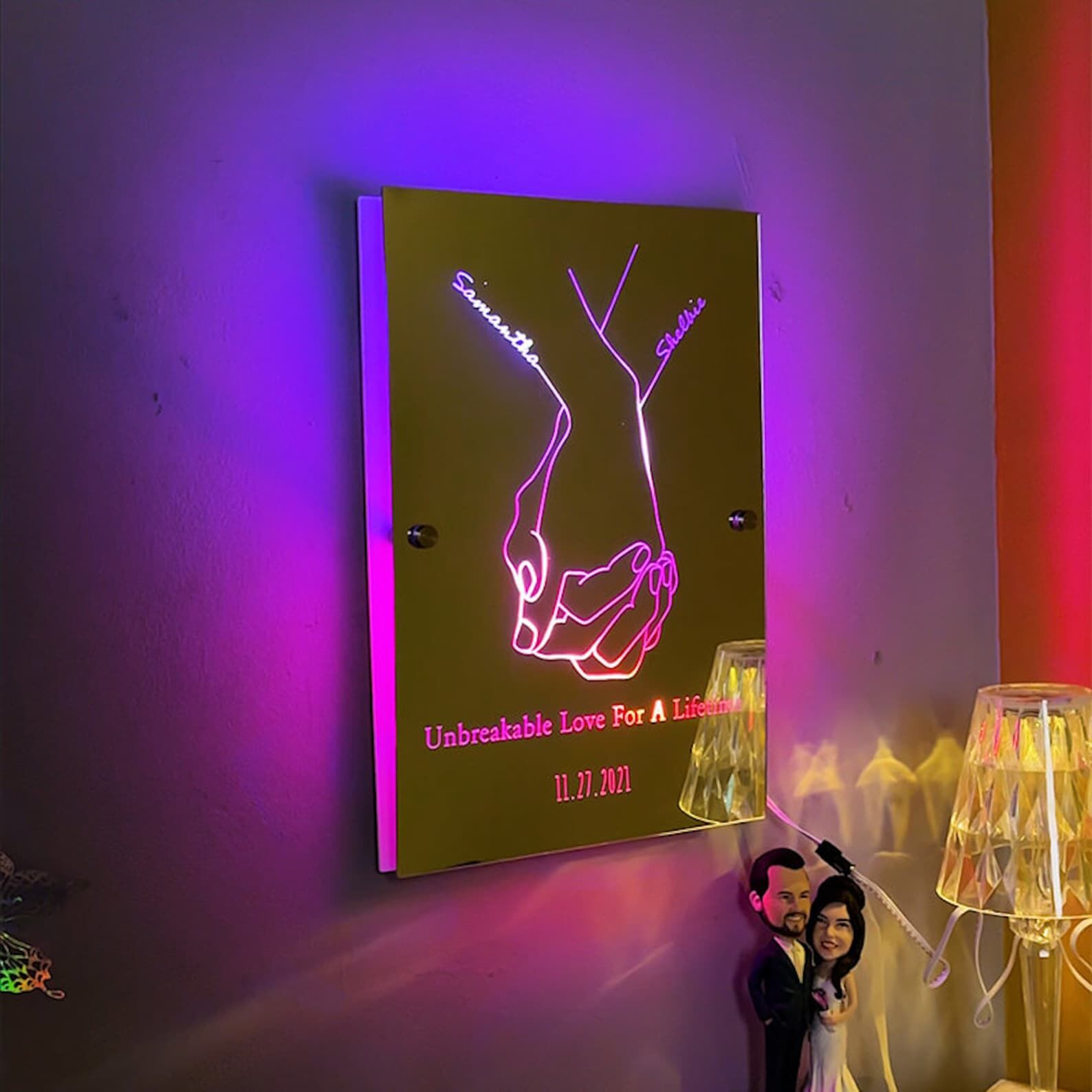 オーダーメイド ミラー 発光 ランプ カップル 名前入り ギフト 壁掛け 屋内装飾 リモコン付き