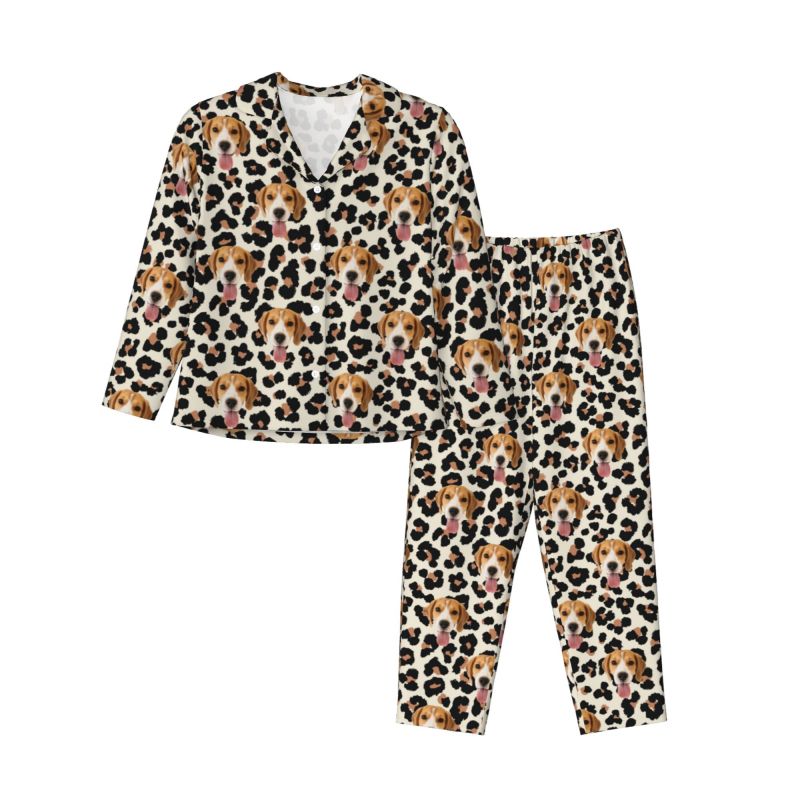 Pijama personalizado con foto de mascota personalizada, estampado de leopardo, diseño elegante, regalo perfecto para su familia