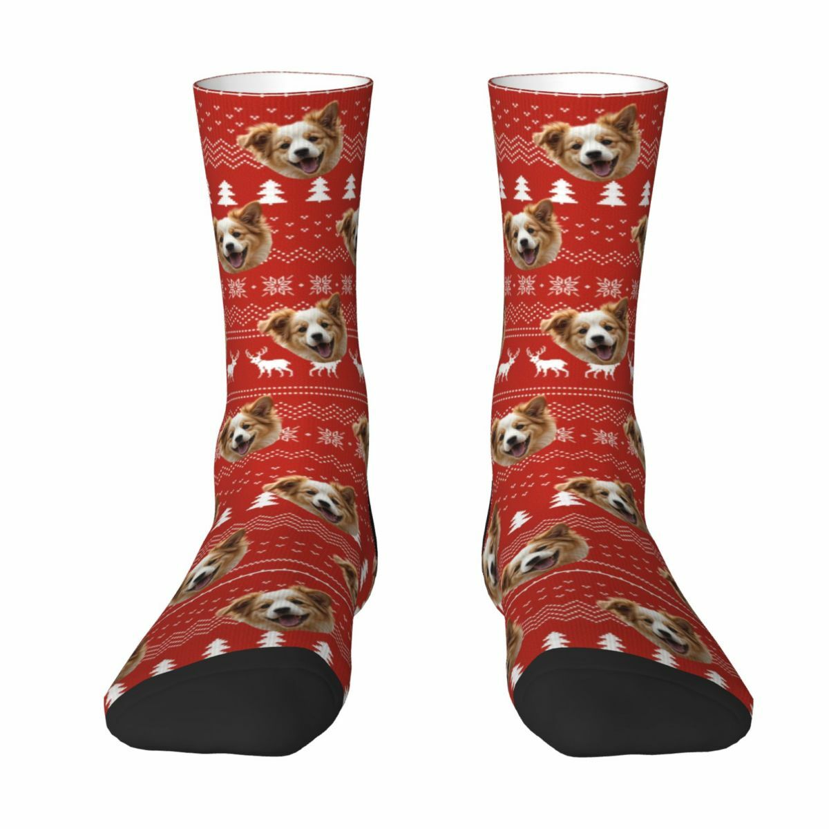 Custom Face Socks Red Knitted Socks with Elk Pattern Christmas Gift for Pet Owners