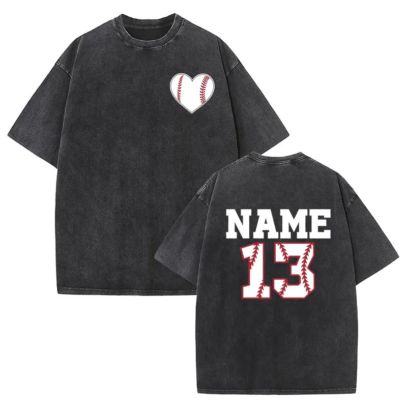 Baseballtvättad T-shirt med baseballhjärta anpassat nummer och namn present till sportälskaren